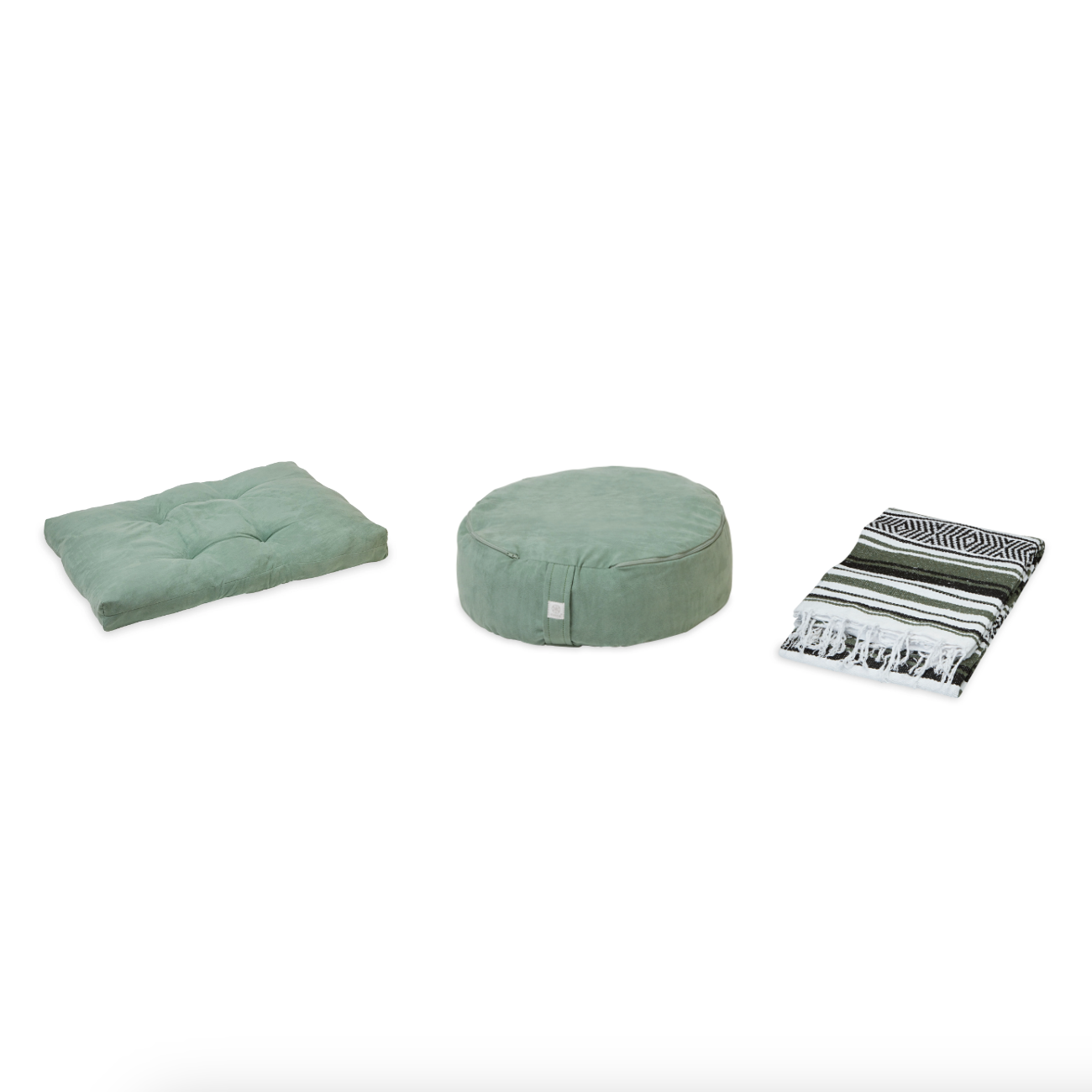 Meditation Bundle - Zabuton (Sage), Zafu (Sage), Blanket (Olive/Black/White)