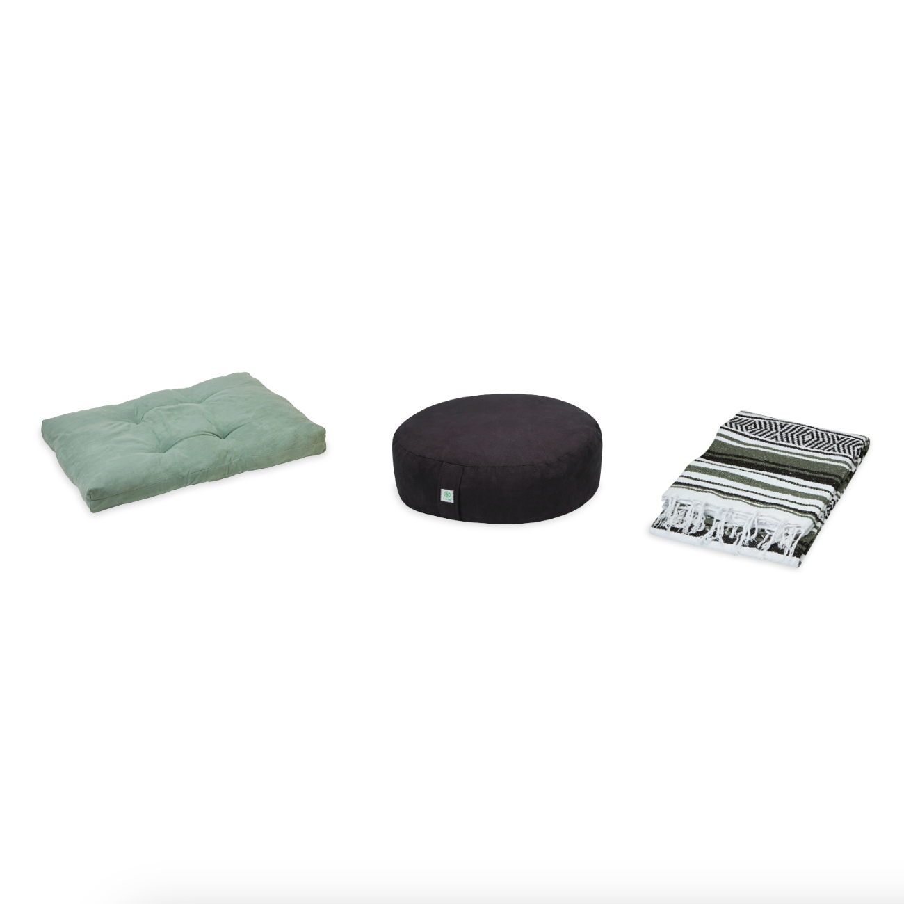 Meditation Bundle - Zabuton (Sage), Zafu (Black), Blanket (Olive/Black/White)